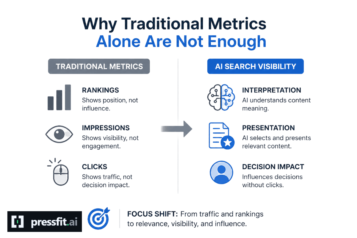 A comparison of traditional metrics, rankings, impressions and clicks, against AI search visibility: interpretation, presentation and decision impact.