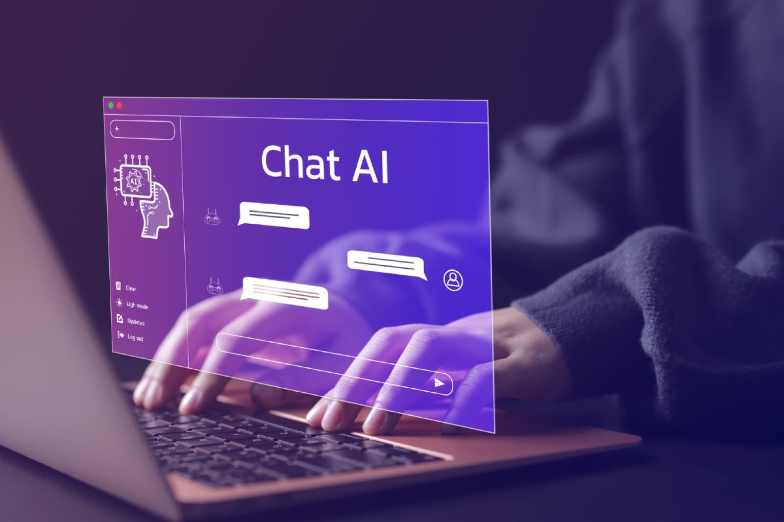Hands typing on a laptop with a chat interface overlaid on the screen.