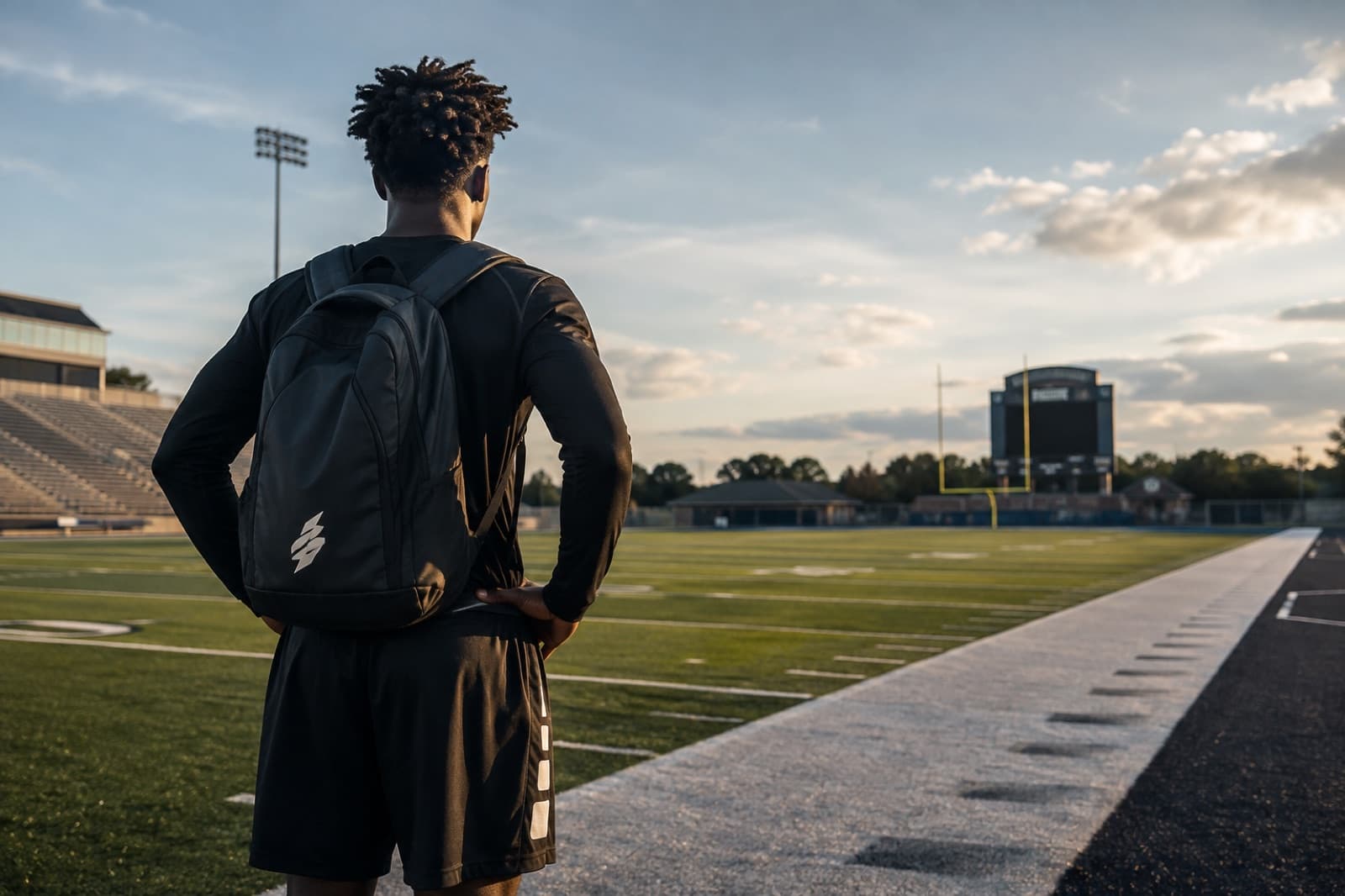 An athlete in black kit stands at the edge of a football field at dusk, looking out across the pitch.