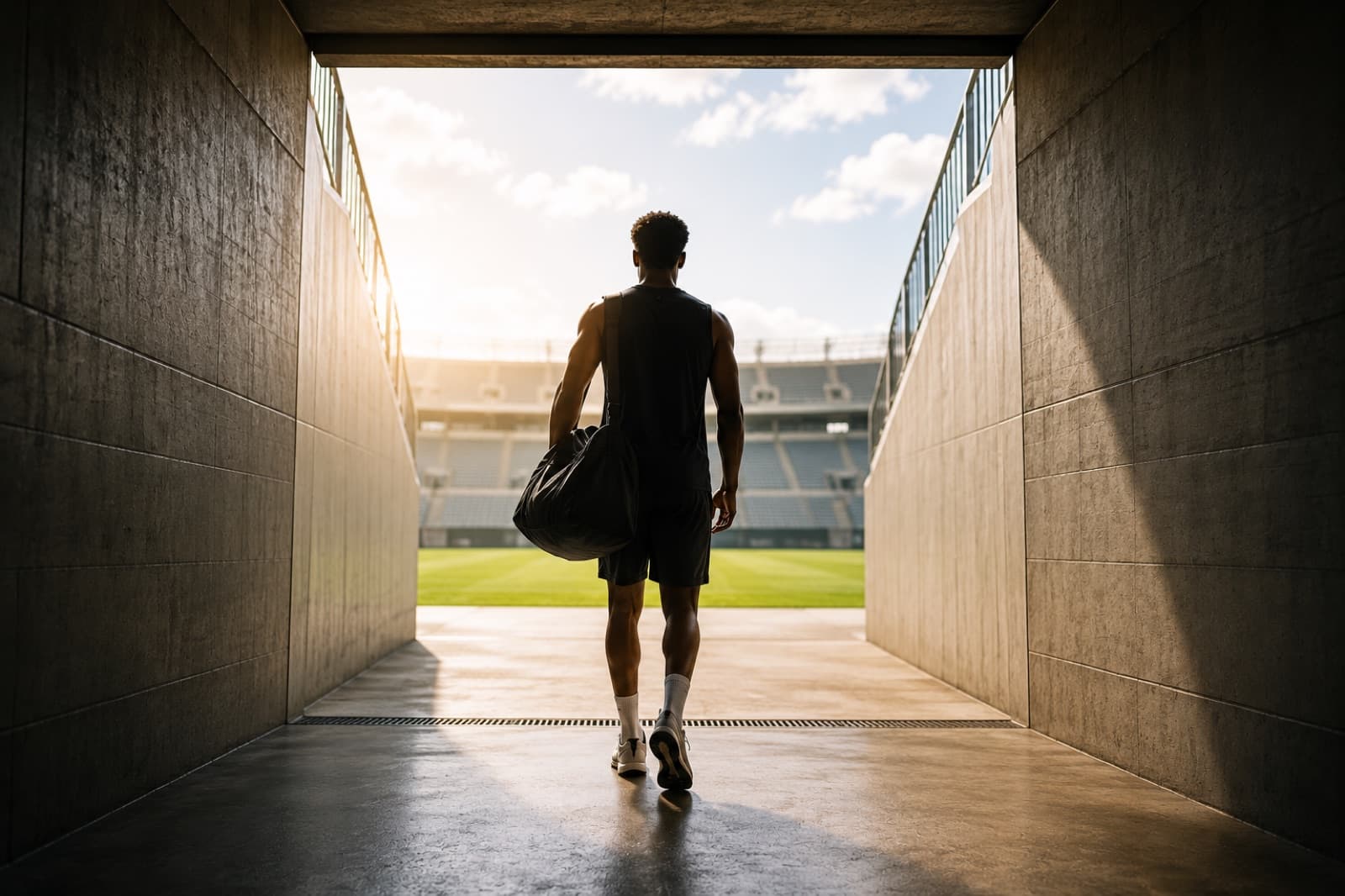 An athlete walks out of a stadium tunnel towards the pitch, carrying a kit bag.