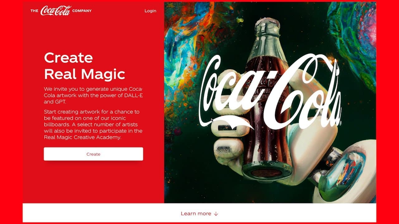 Still from Coca-Cola's Create Real Magic campaign film, showing AI-generated artwork built from the brand's archive assets.