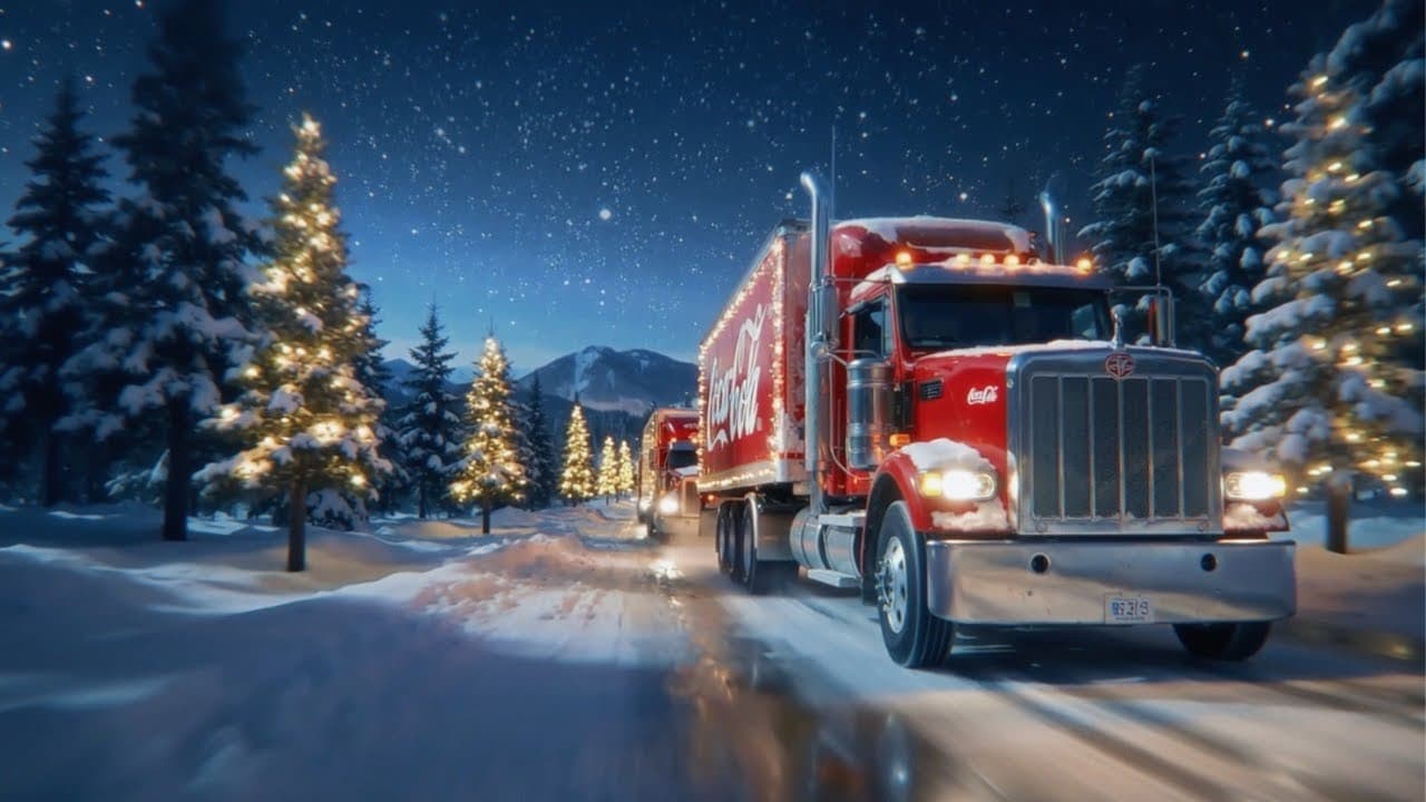 Still from Coca-Cola's 2025 AI-generated Holidays Are Coming film, showing the brand's illuminated delivery trucks.