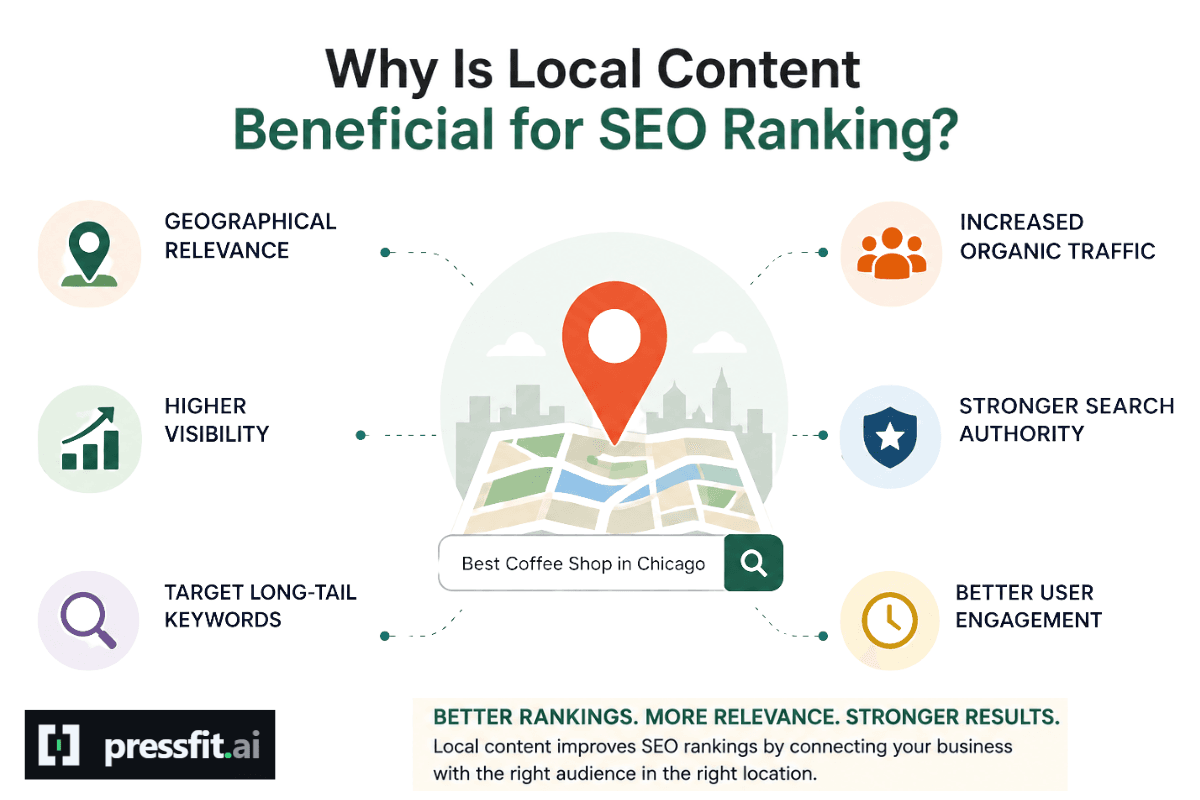 Six benefits of local content for SEO ranking: geographical relevance, higher visibility, target long-tail keywords, increased organic traffic, stronger search authority and better user engagement.