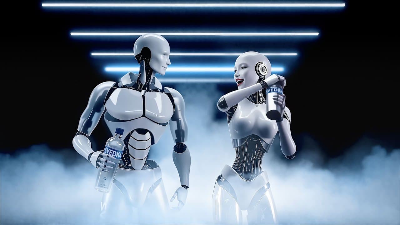 Still from Svedka's Shake Your Bots Off Super Bowl commercial, showing the revived Fembot mascot.