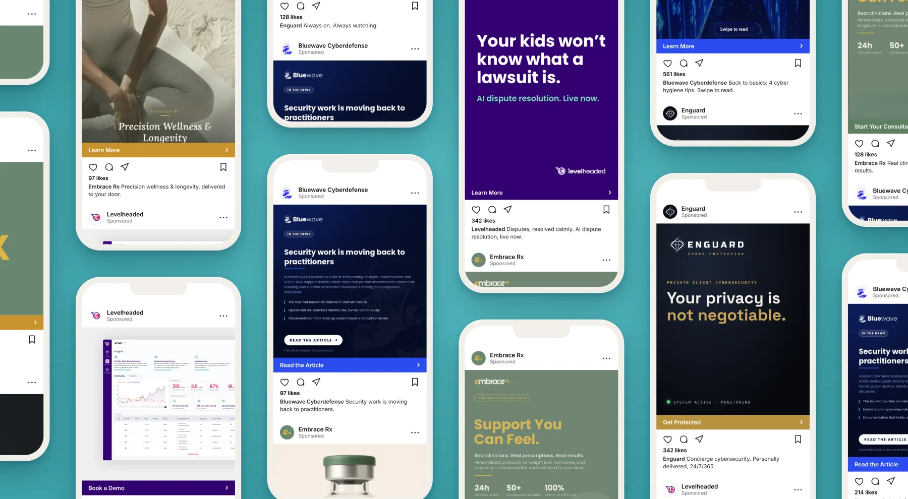A grid of phones showing sponsored social ads for Pressfit clients: Levelheaded, Bluewave Cyberdefense, Enguard, and Embrace Rx