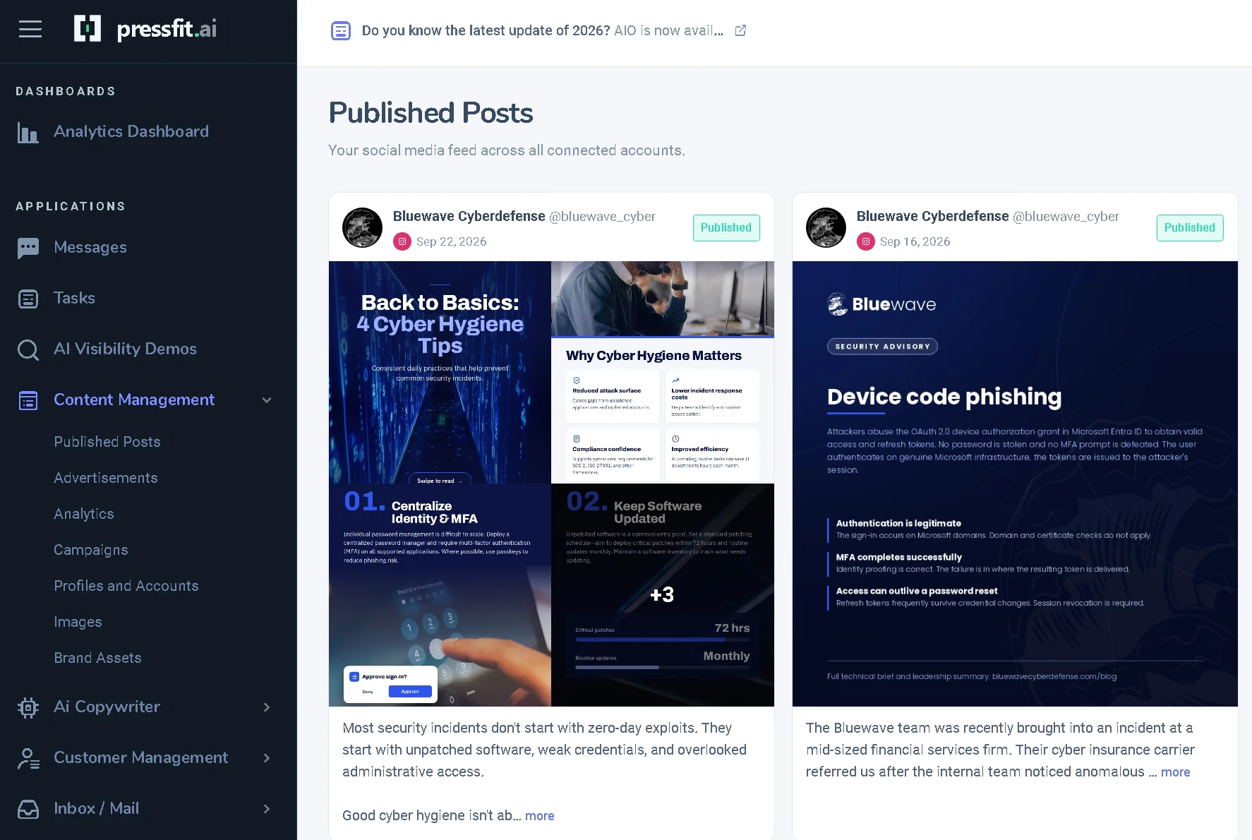 The Pressfit content dashboard showing published BlueWave Cyberdefense posts: a cyber hygiene carousel and a device code phishing advisory