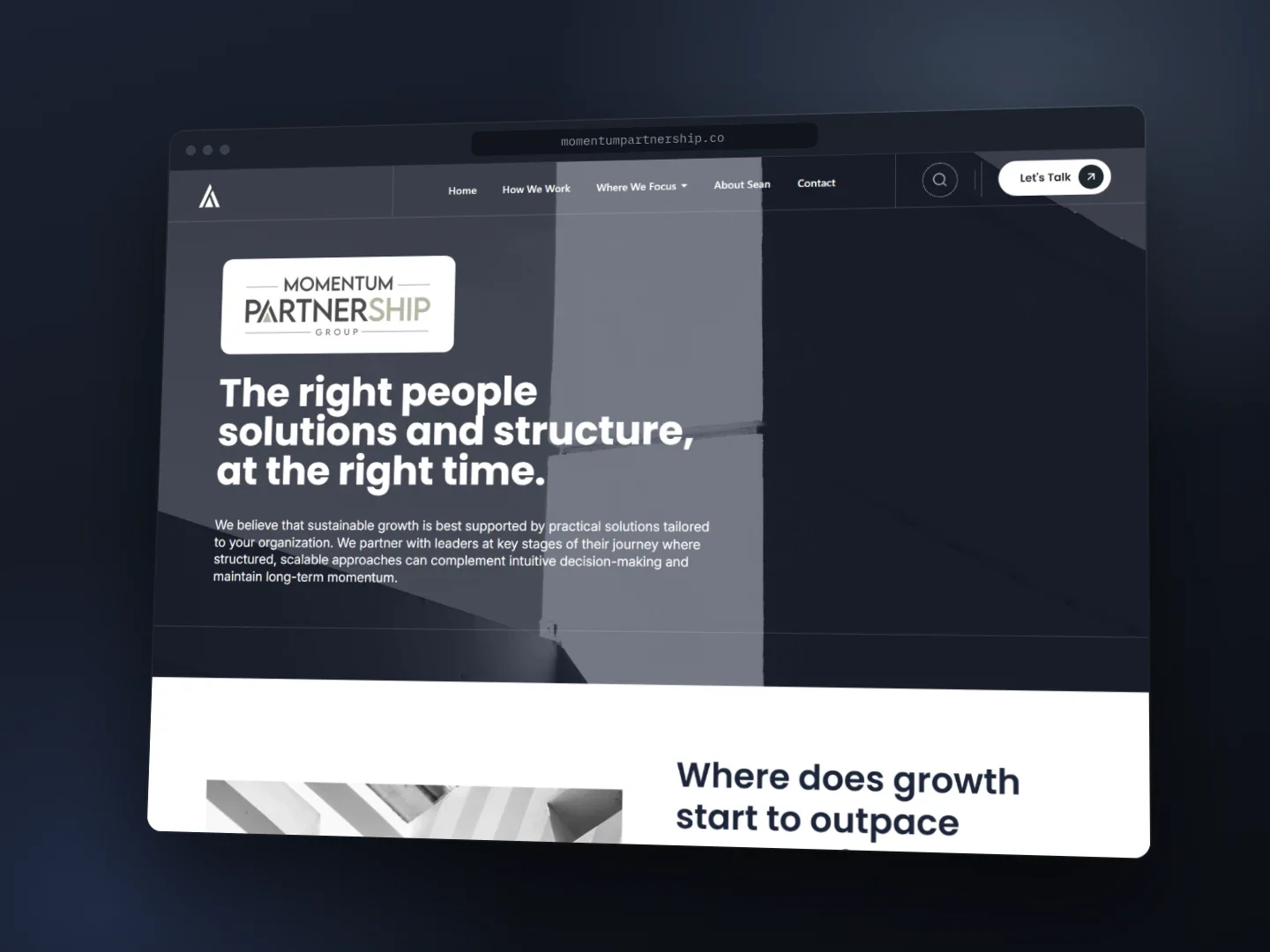 The Momentum Partnership Group website in a browser window: The right people, solutions and structure, at the right time